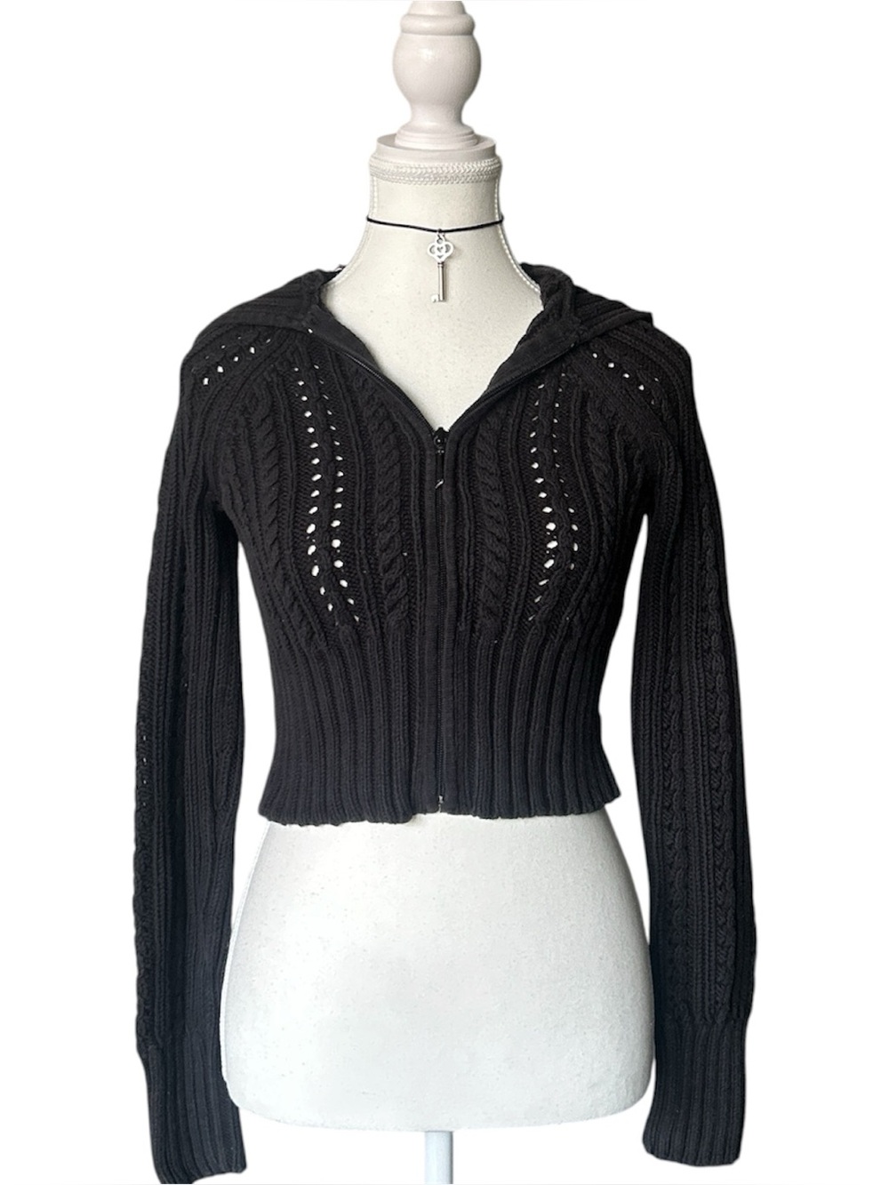 Y2K “Tommy Jeans” Black Cable Knit Cropped Zip-up Hooded Sweater